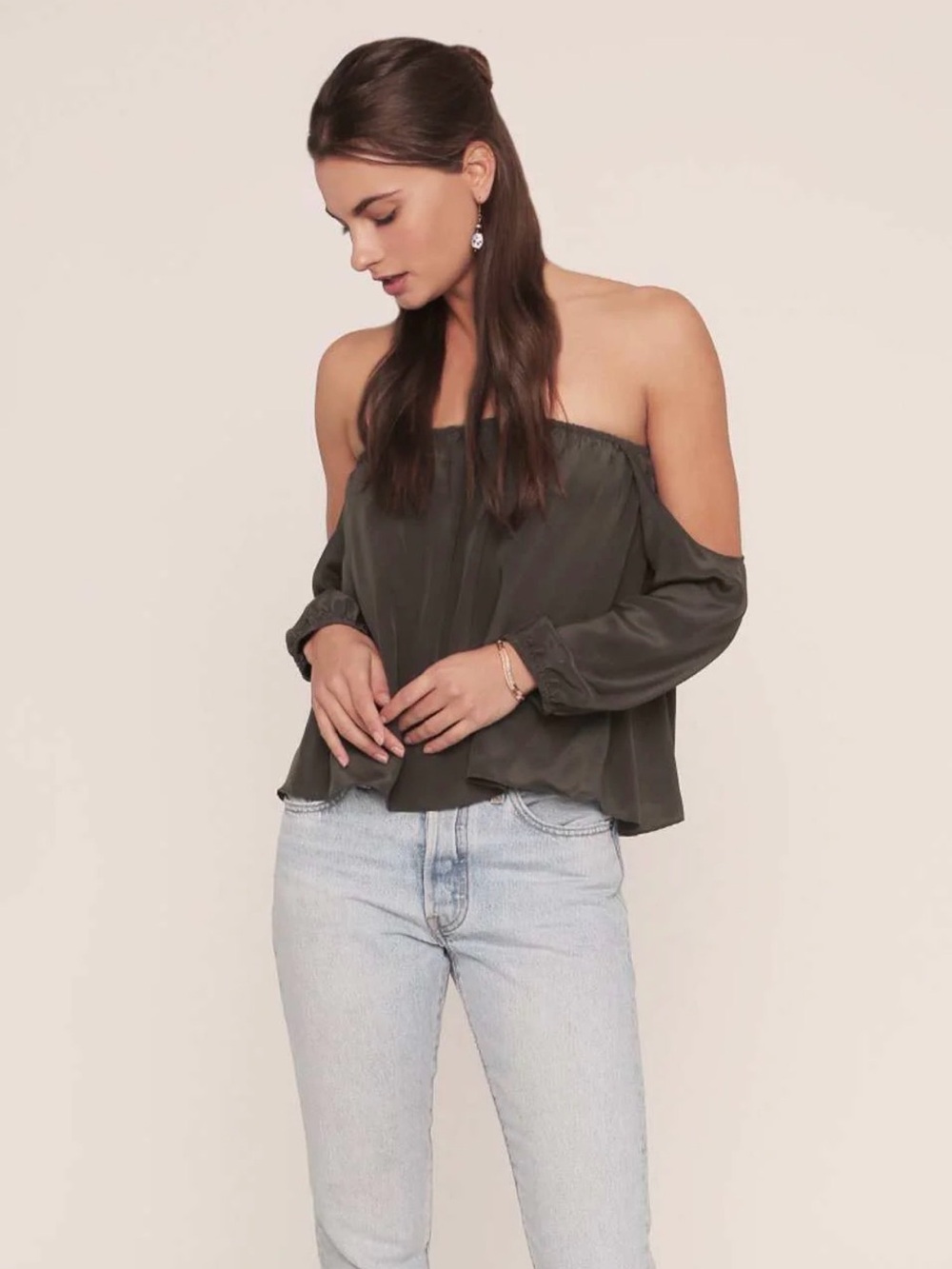 Merritt Charles Dunn Blouse Deep Sky Off-Shoulder Long Sleeve Top in Black, XS